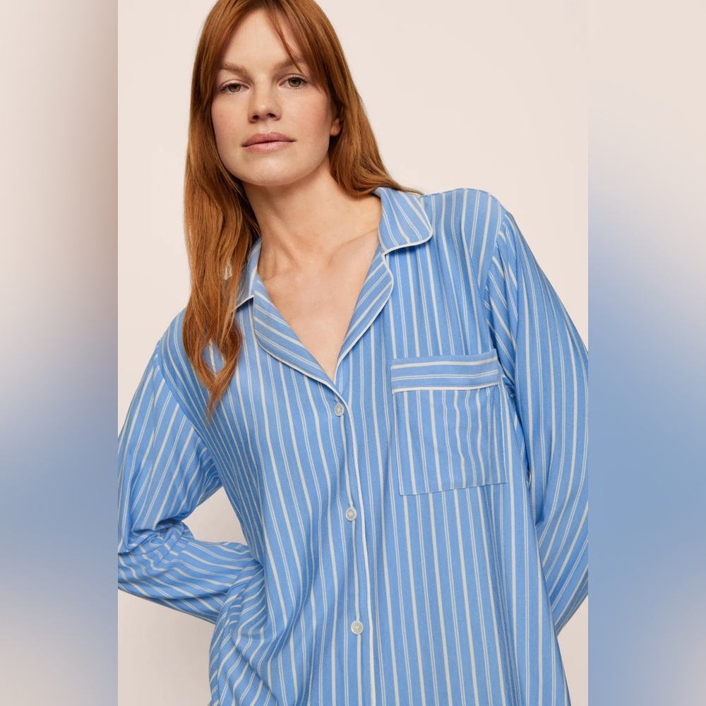 Eberjey Gisele Printed TENCEL Modal Long PJ Top In Blue and White Stripe Size XS